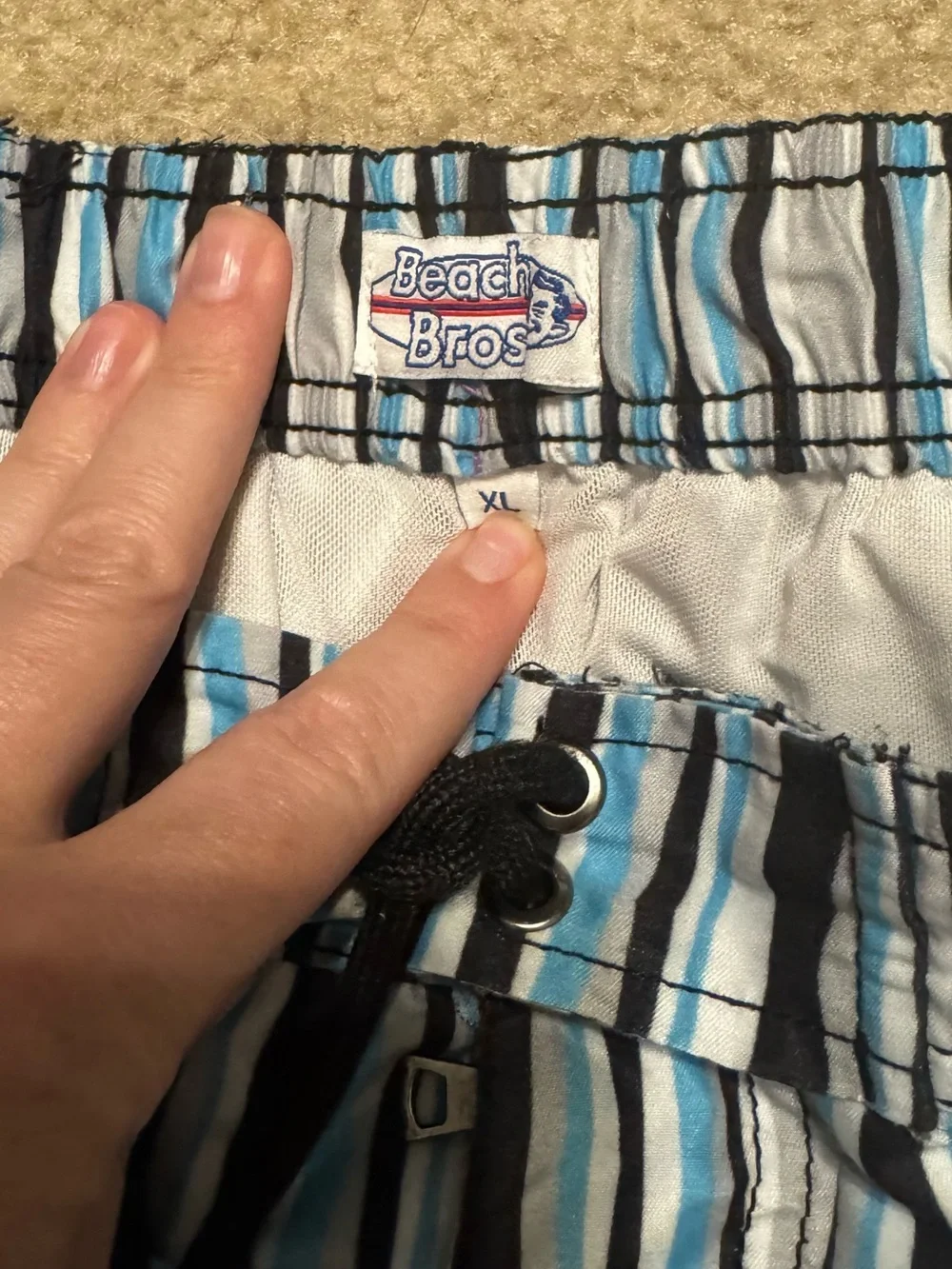 Men's Striped Blue Black White Swim Trunks with Drawstring